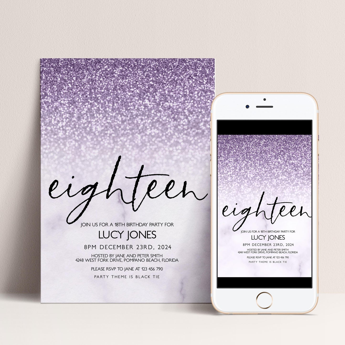 Lilac Glitter Marble 18th Birthday Invitation (Editable Template)