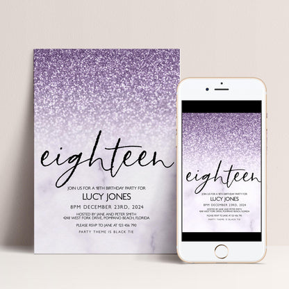 Lilac Glitter Marble 18th Birthday Invitation (Editable Template)