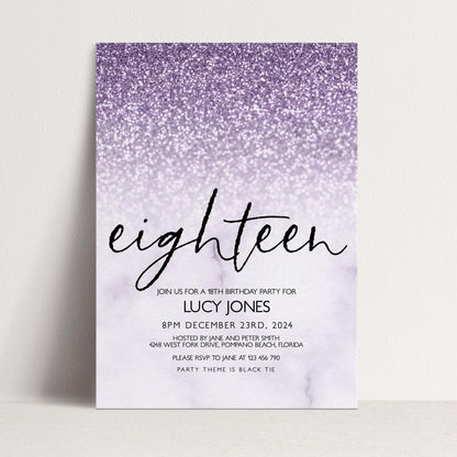Lilac Glitter Marble 18th Birthday Invitation (Editable Template)
