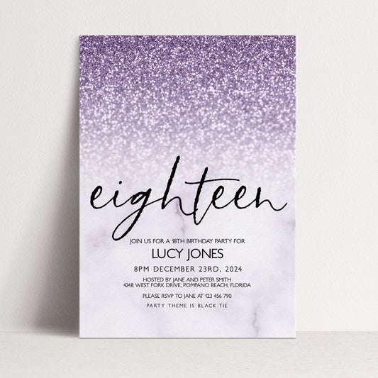 Lilac Glitter Marble 18th Birthday Invitation (Editable Template)