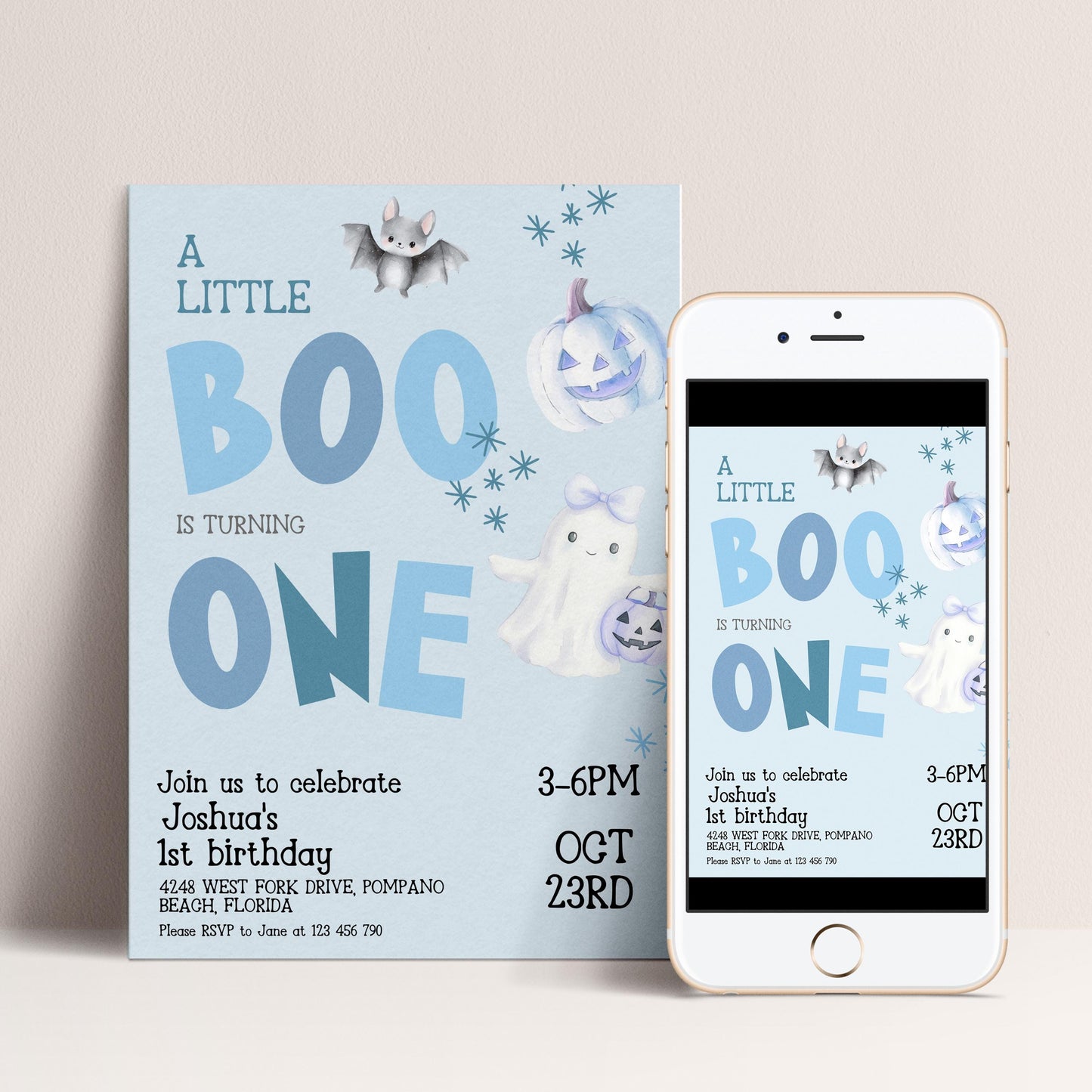 The image is a birthday party invitation for a little boy named Joshua, celebrating his 1st birthday. The invitation features a Halloween theme with bats, pumpkins, and ghostly figures.