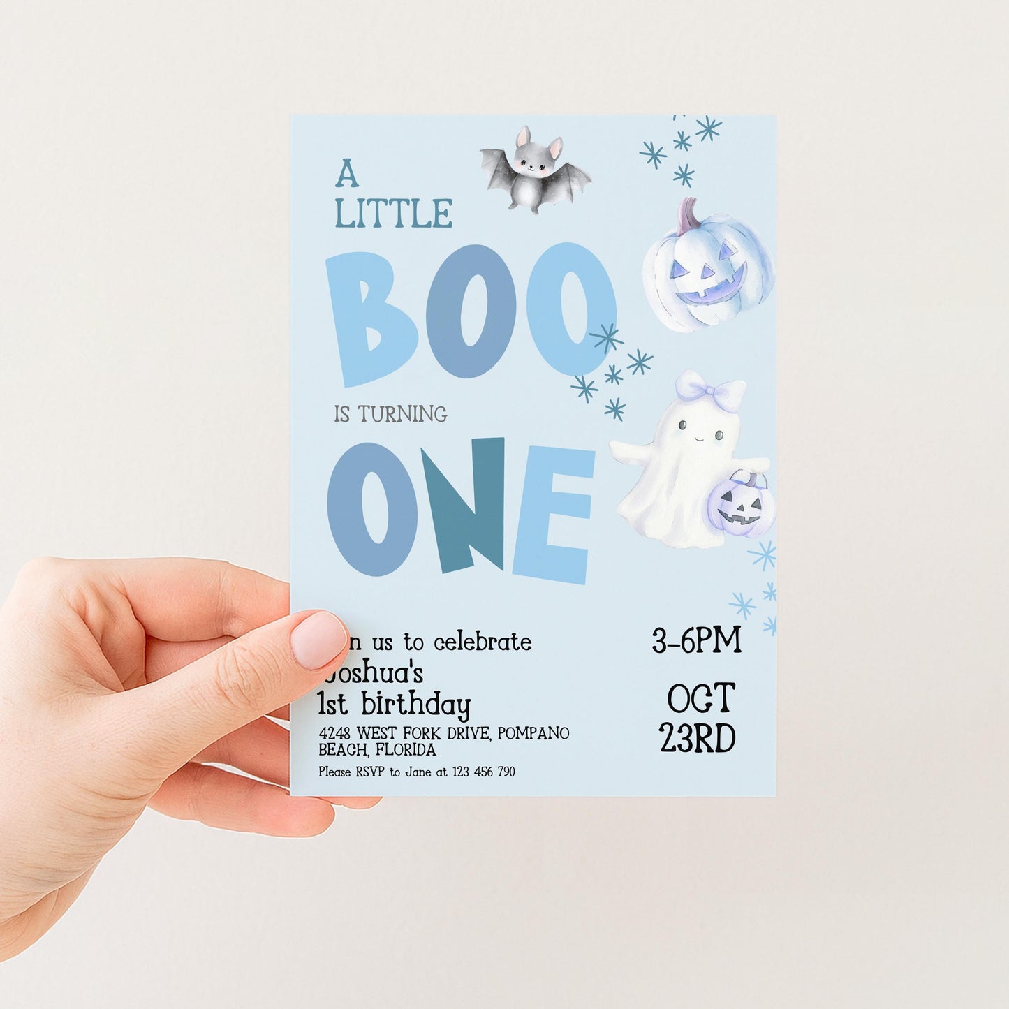 The image is a birthday invitation for a little boy celebrating his first birthday.