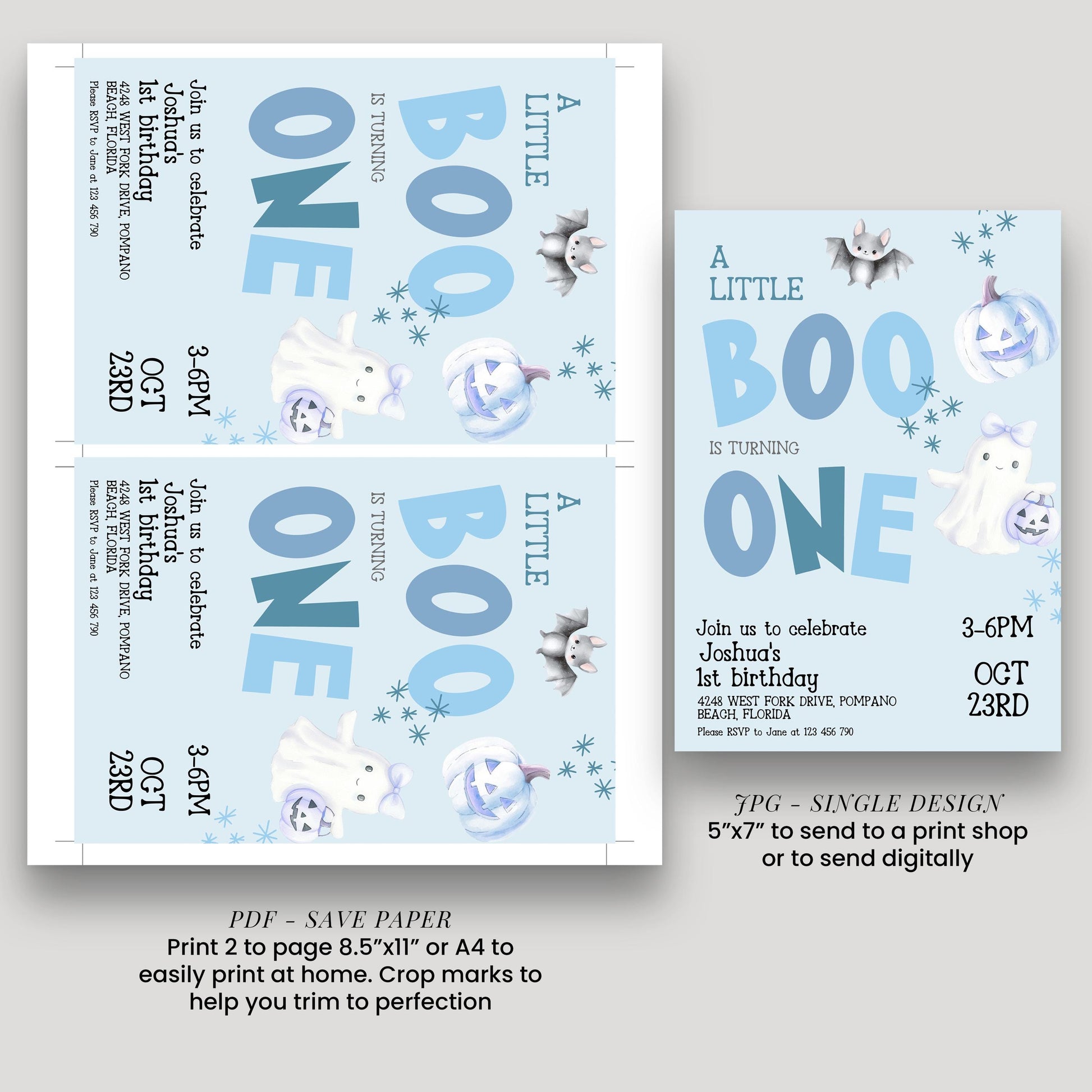 The image is a birthday invitation for a one-year-old, featuring a Halloween theme with a "Little Boo" motif. The invitation includes details about the event, such as the date, time, location, and a request for a digital or print version.