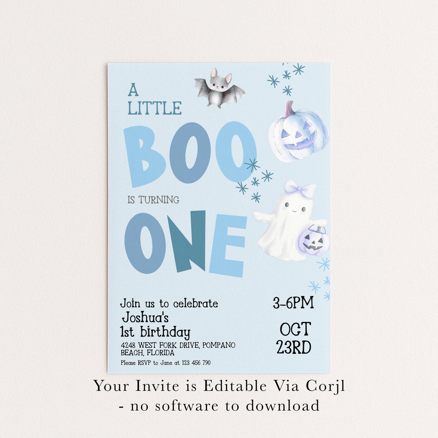 A birthday party invitation for a little boy named Joshua's 1st birthday, featuring a blue background with illustrations of bats, pumpkins, and ghostly figures.
