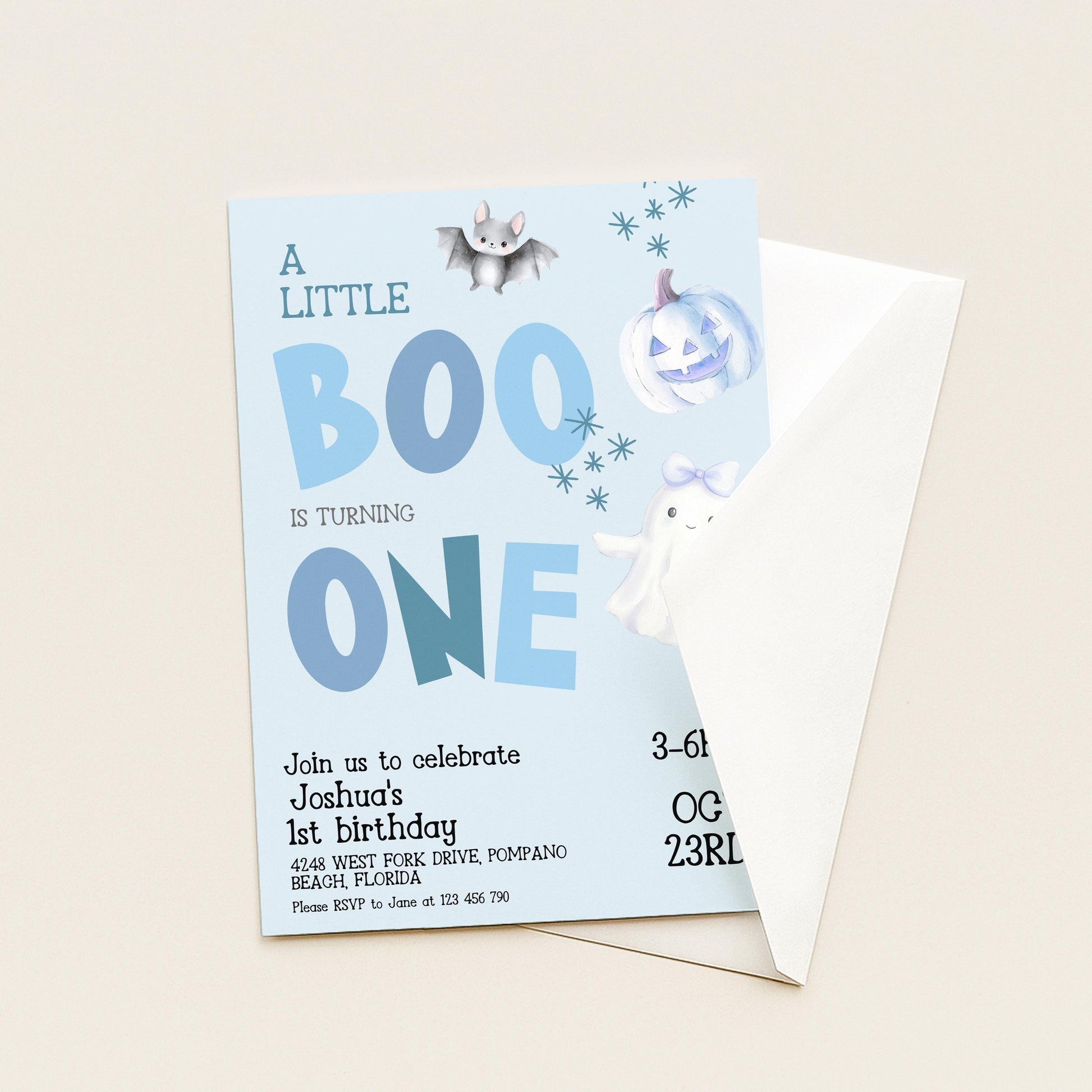 A birthday invitation for a little boy named Joshua's first birthday, featuring a Halloween theme with bats, pumpkins, and ghost decorations.