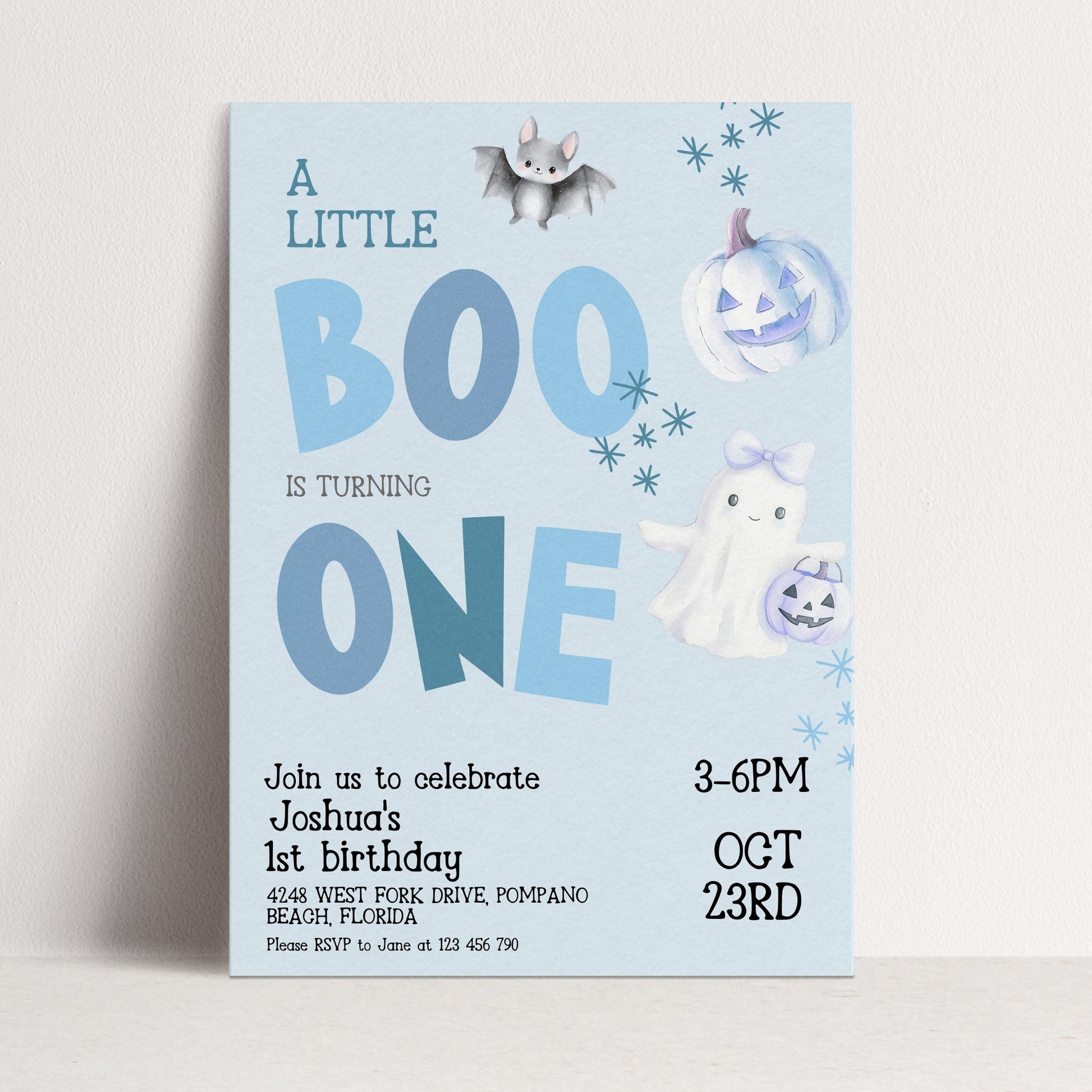 A birthday party invitation for Joshua's 1st birthday, featuring a bat, pumpkin, ghost, and text that reads "A little BOO is turning is turning Joshua's 1st birthday 3-6PM OCT 23RD Beach, Florida Pompano".