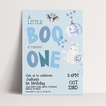 A birthday party invitation for Joshua's 1st birthday, featuring a bat, pumpkin, ghost, and text that reads "A little BOO is turning is turning Joshua's 1st birthday 3-6PM OCT 23RD Beach, Florida Pompano".