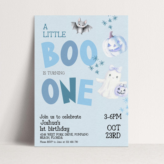 A birthday party invitation for Joshua's 1st birthday, featuring a bat, pumpkin, ghost, and text that reads "A little BOO is turning is turning Joshua's 1st birthday 3-6PM OCT 23RD Beach, Florida Pompano".