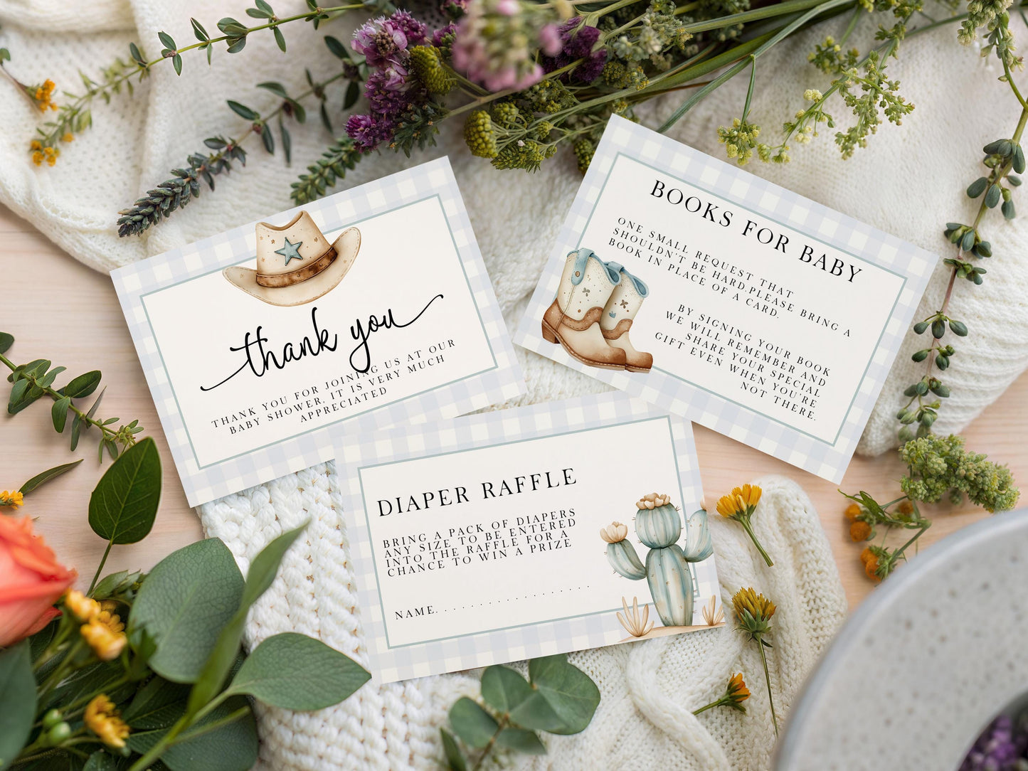 Little Cowboy Baby Shower Invitation Bundle, Editable Corjl Template, Books for Baby, Diaper Raffle, Thank You Card, Western Baby Theme CB20