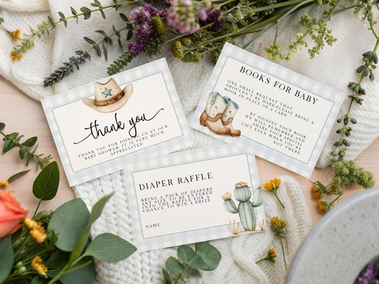 Little Cowboy Baby Shower Invitation Bundle, Editable Corjl Template, Books for Baby, Diaper Raffle, Thank You Card, Western Baby Theme CB20