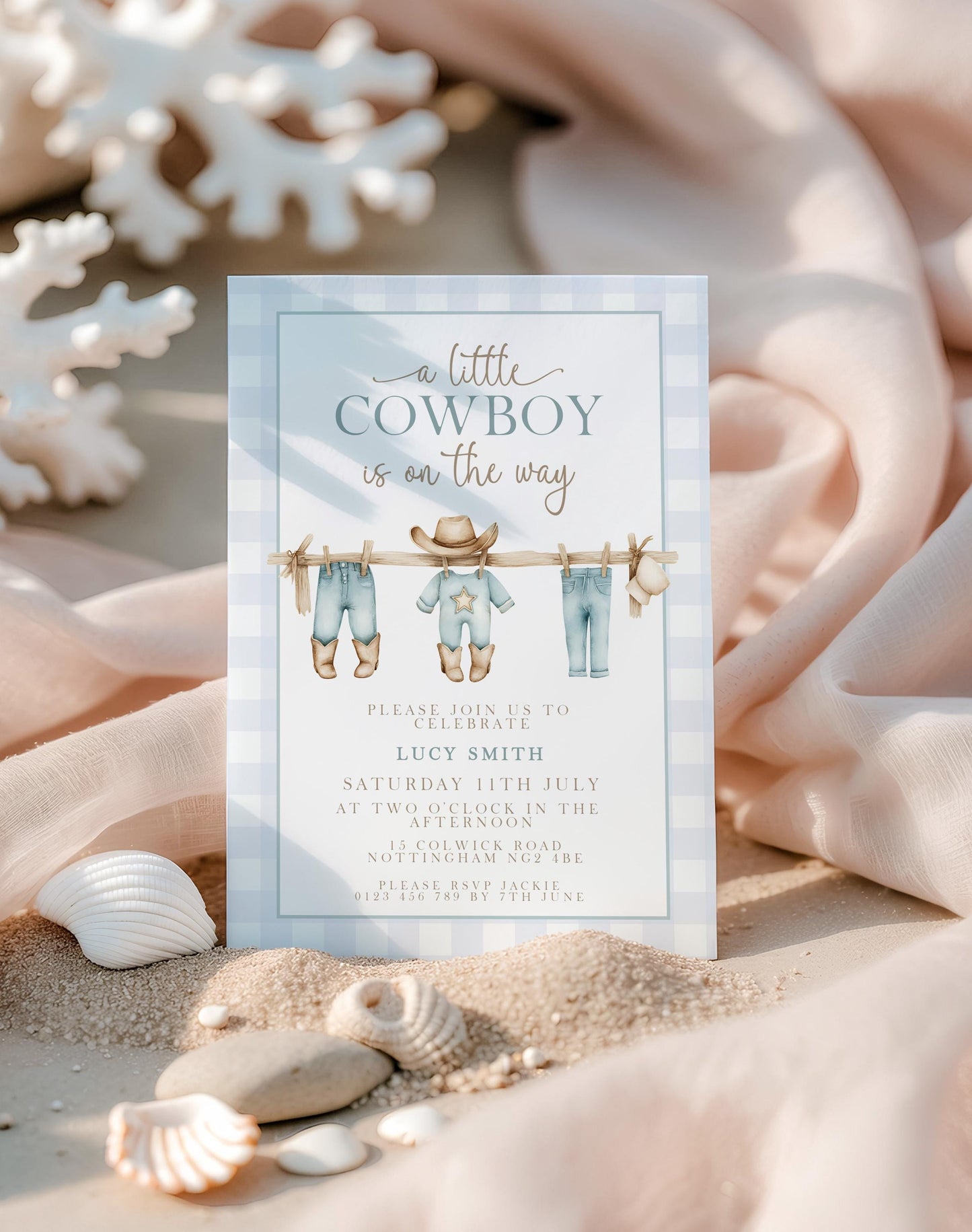 Little Cowboy Baby Shower Invitation, Western Baby Shower, Editable Corjl Invite, Boy Shower Template, Blue Gingham Printable CB20