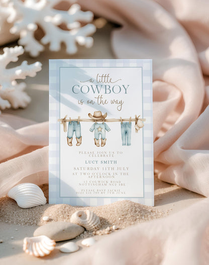 Little Cowboy Baby Shower Invitation, Western Baby Shower, Editable Corjl Invite, Boy Shower Template, Blue Gingham Printable CB20