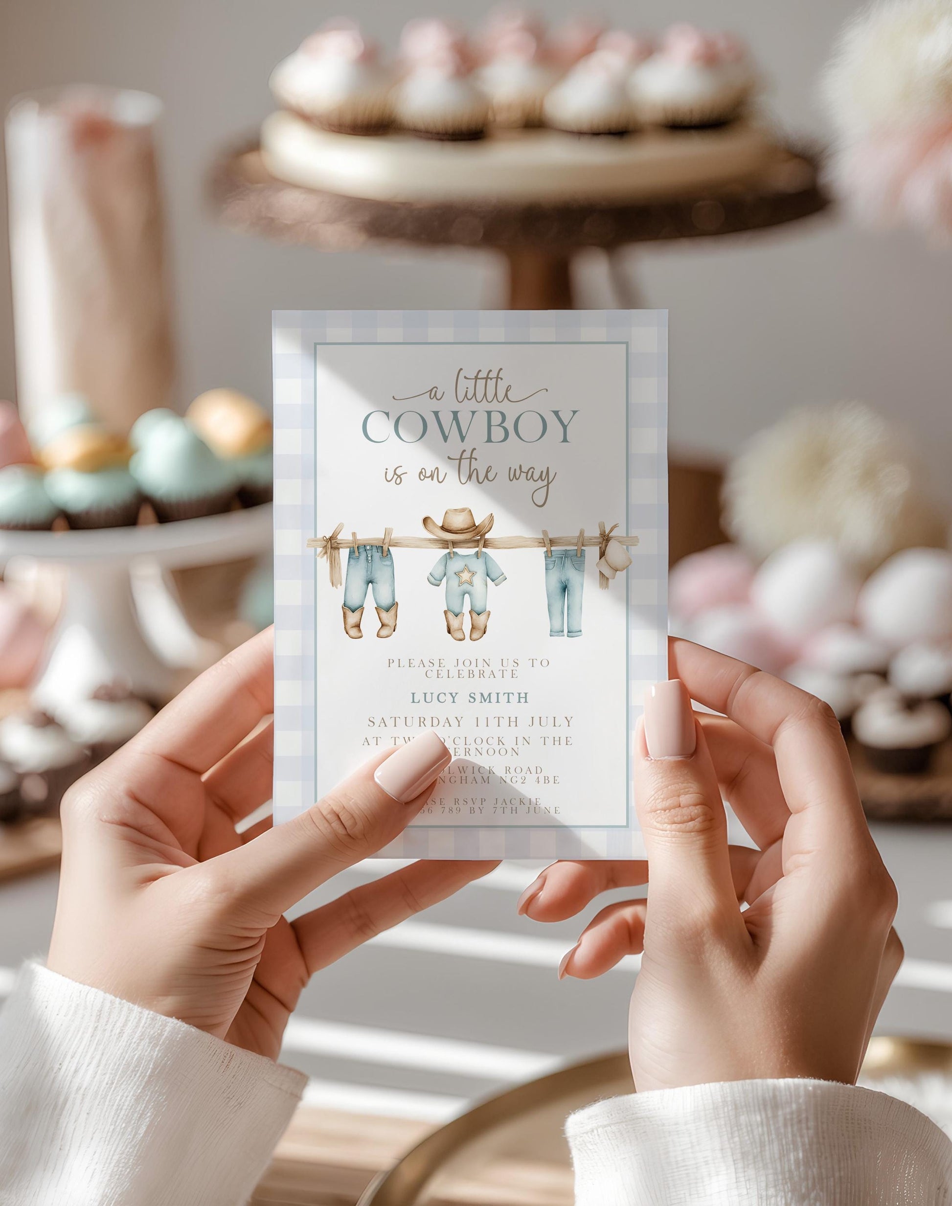 Little Cowboy Baby Shower Invitation, Western Baby Shower, Editable Corjl Invite, Boy Shower Template, Blue Gingham Printable CB20