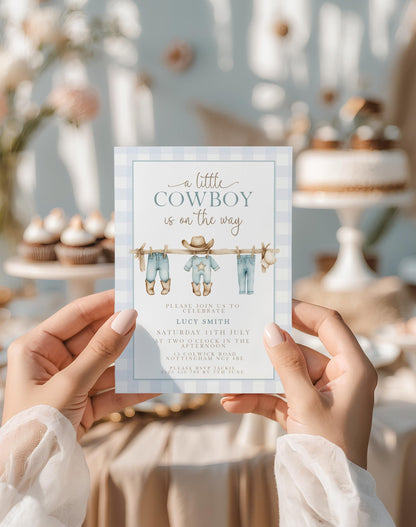 Little Cowboy Baby Shower Invitation, Western Baby Shower, Editable Corjl Invite, Boy Shower Template, Blue Gingham Printable CB20