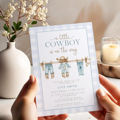 Little Cowboy Baby Shower Invitation, Western Baby Shower, Editable Corjl Invite, Boy Shower Template, Blue Gingham Printable CB20