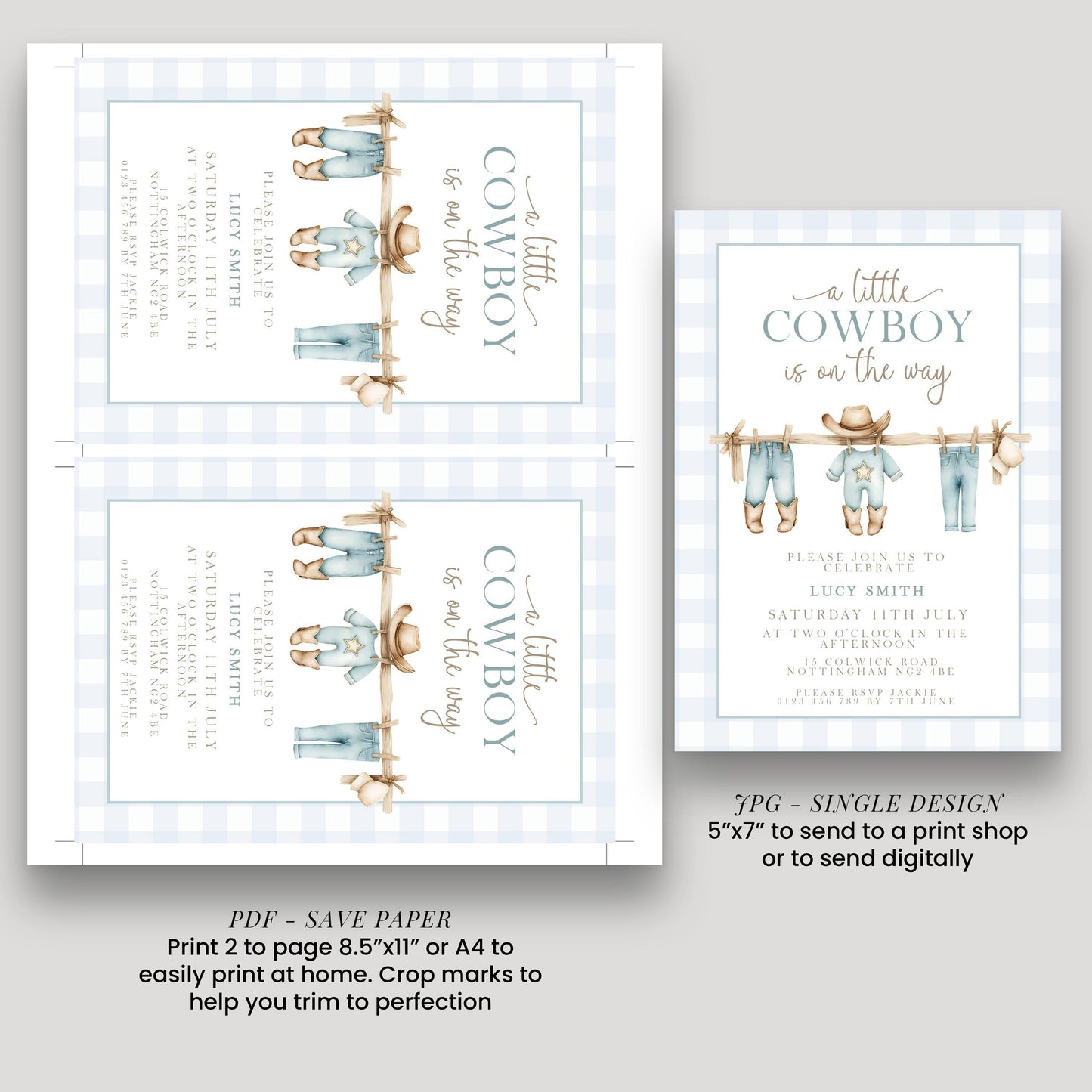 Little Cowboy Baby Shower Invitation, Western Baby Shower, Editable Corjl Invite, Boy Shower Template, Blue Gingham Printable CB20