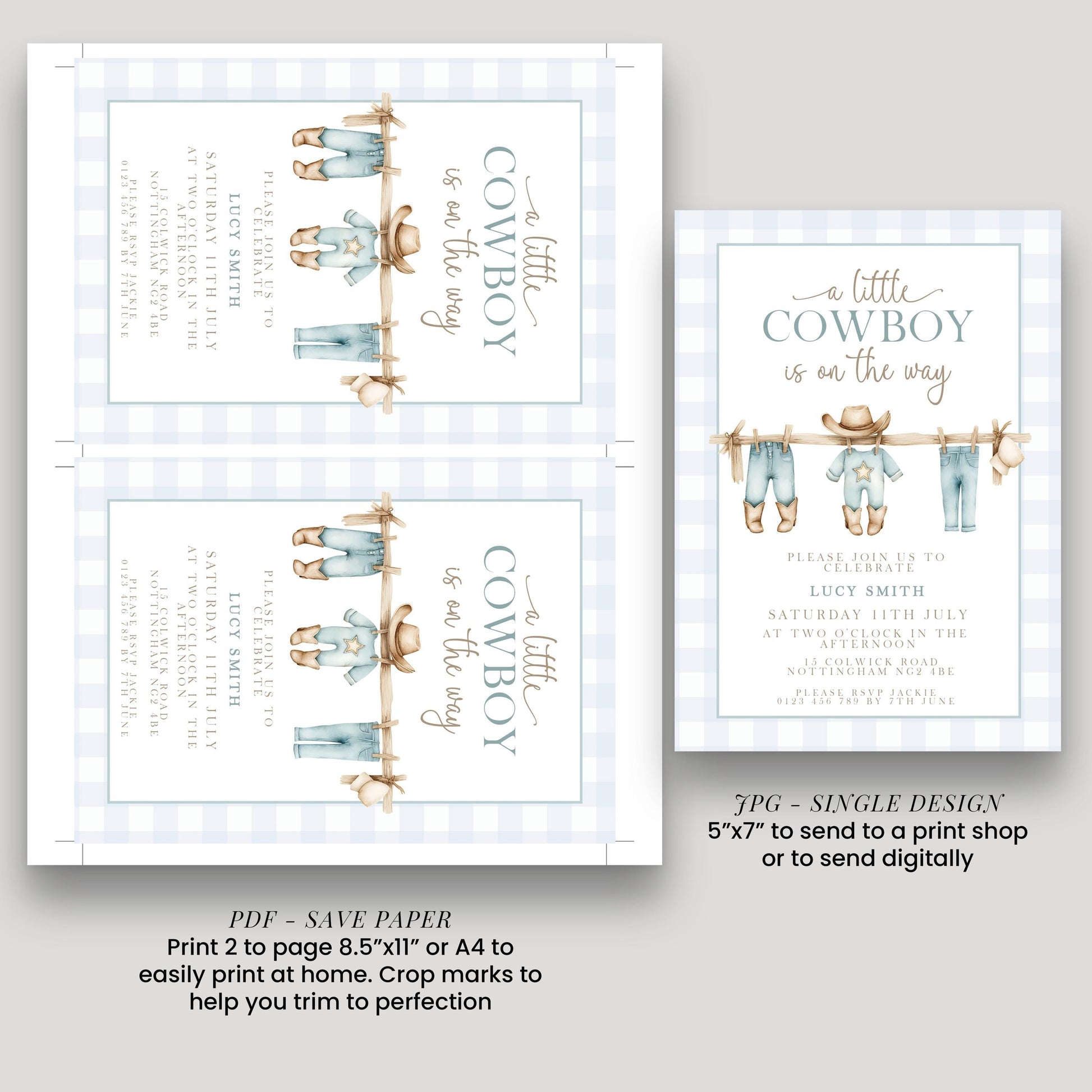 Little Cowboy Baby Shower Invitation, Western Baby Shower, Editable Corjl Invite, Boy Shower Template, Blue Gingham Printable CB20