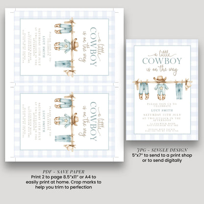 Little Cowboy Baby Shower Invitation, Western Baby Shower, Editable Corjl Invite, Boy Shower Template, Blue Gingham Printable CB20