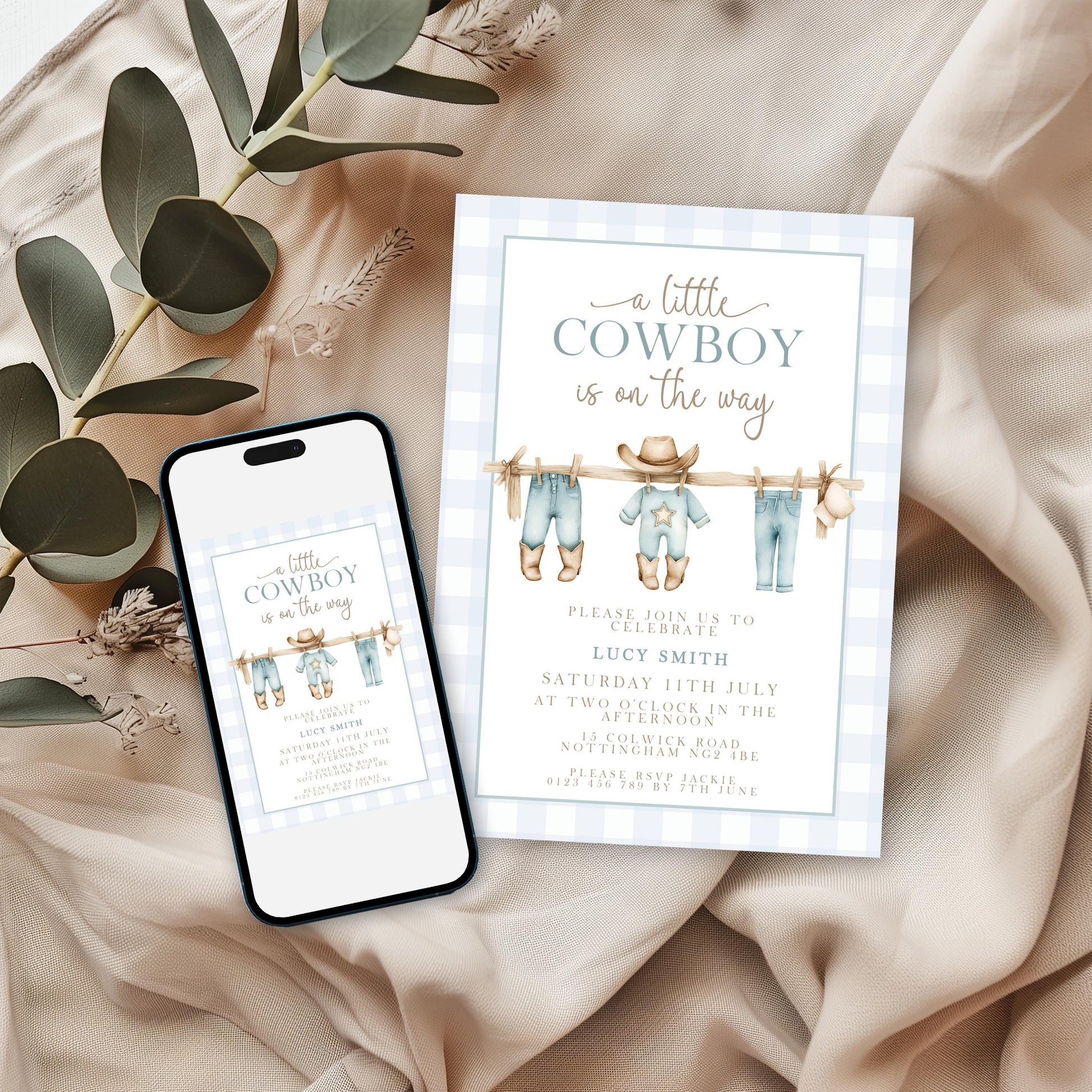 Little Cowboy Baby Shower Invitation, Western Baby Shower, Editable Corjl Invite, Boy Shower Template, Blue Gingham Printable CB20