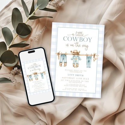 Little Cowboy Baby Shower Invitation, Western Baby Shower, Editable Corjl Invite, Boy Shower Template, Blue Gingham Printable CB20