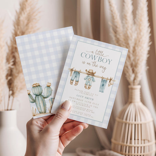 Little Cowboy Baby Shower Invitation, Western Baby Shower, Editable Corjl Invite, Boy Shower Template, Blue Gingham Printable CB20