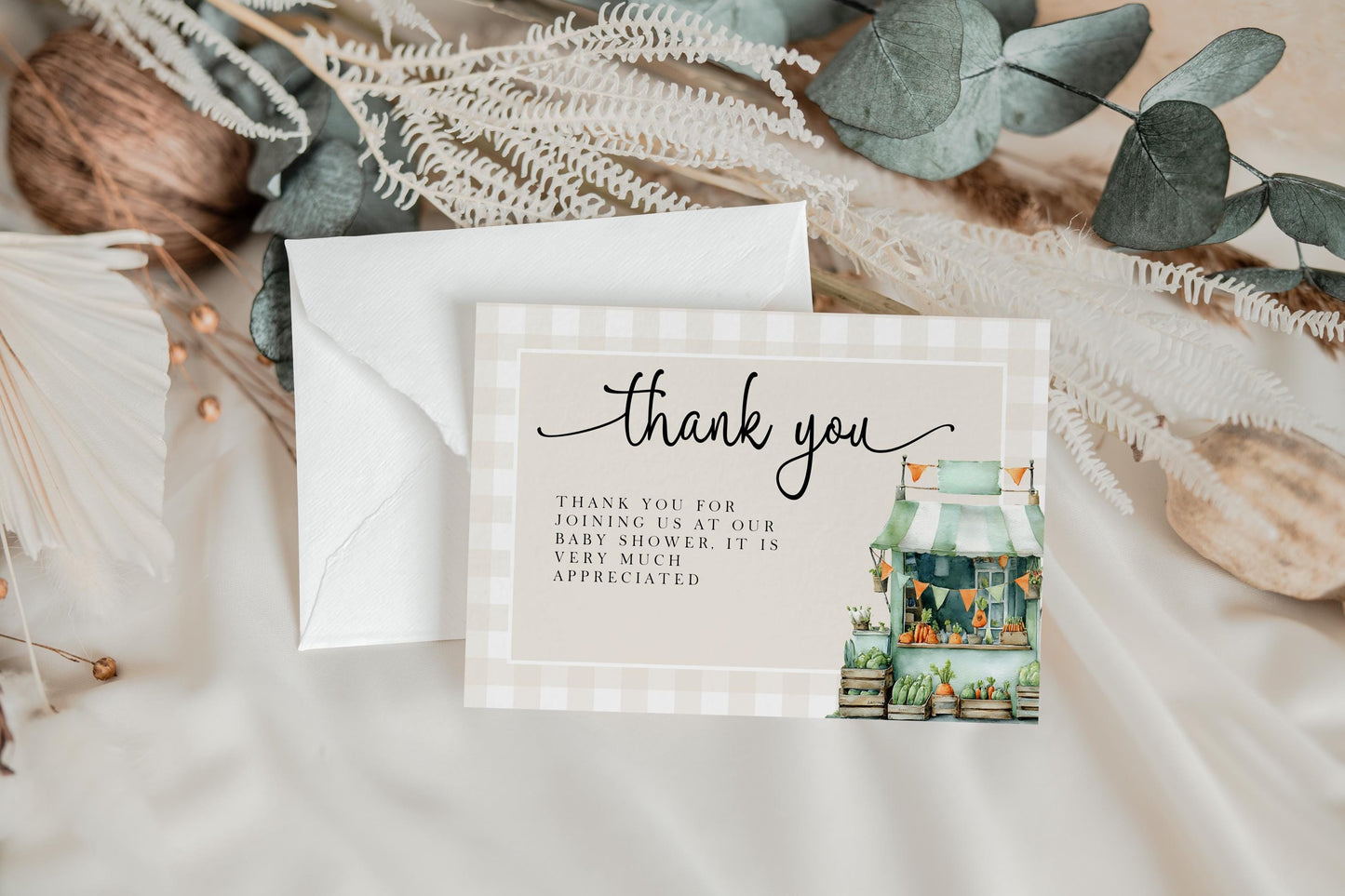 Locally Grown Baby Shower Invitation Bundle, Editable Corjl Template, Diaper Raffle, Book Request Thank You Card, Farmer’s Market Theme LG20