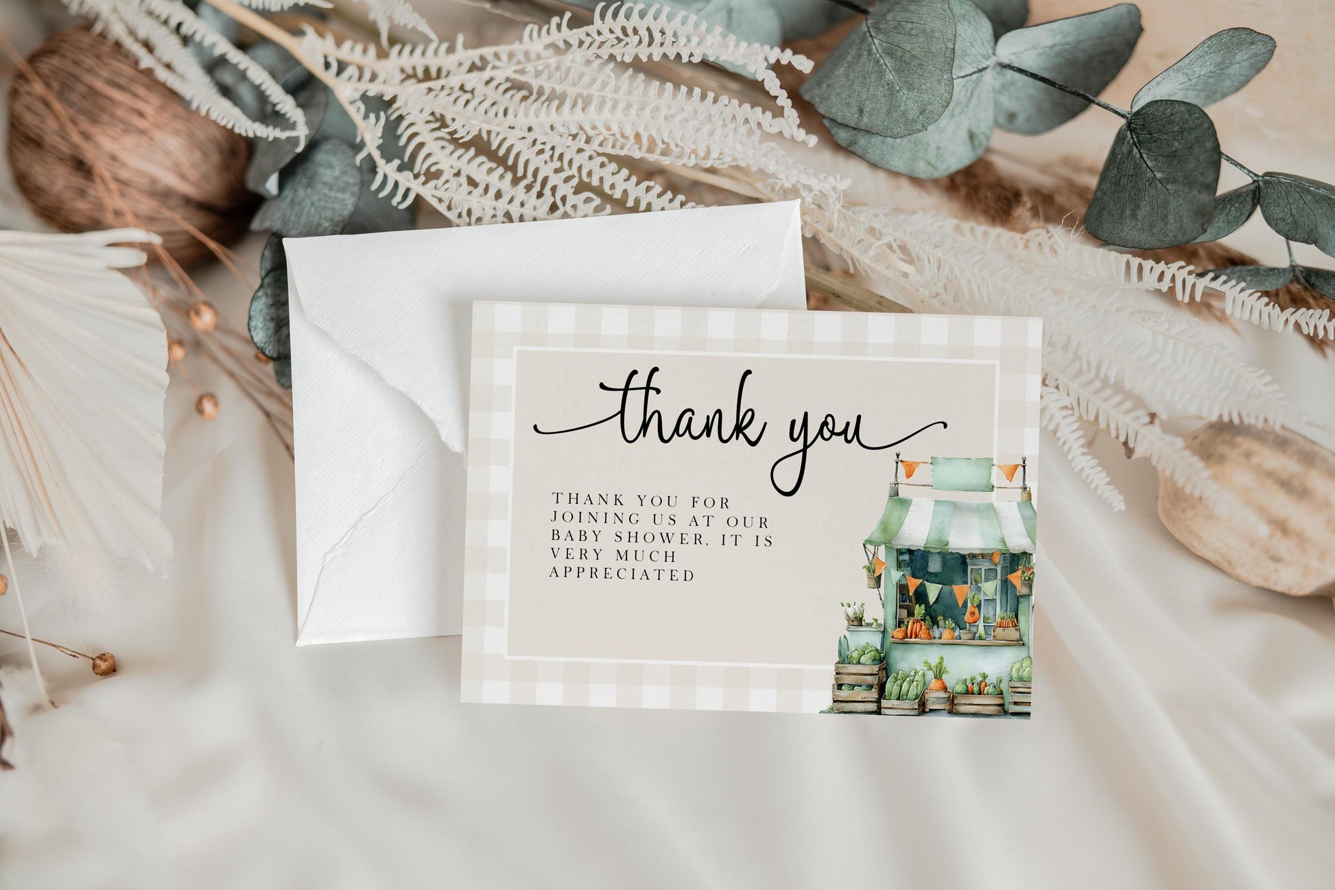 Locally Grown Baby Shower Invitation Bundle, Editable Corjl Template, Diaper Raffle, Book Request Thank You Card, Farmer’s Market Theme LG20