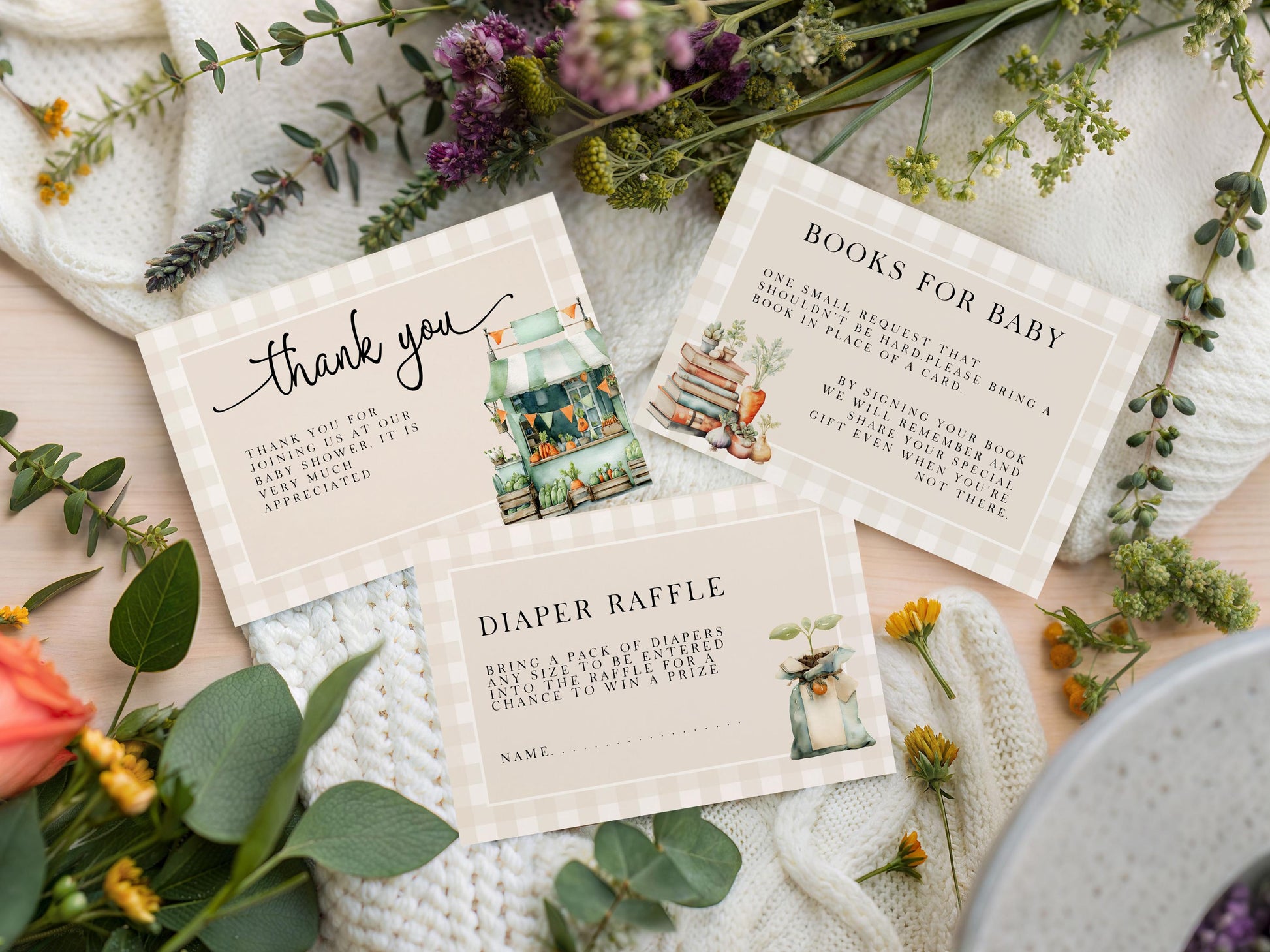 Locally Grown Baby Shower Invitation Bundle, Editable Corjl Template, Diaper Raffle, Book Request Thank You Card, Farmer’s Market Theme LG20