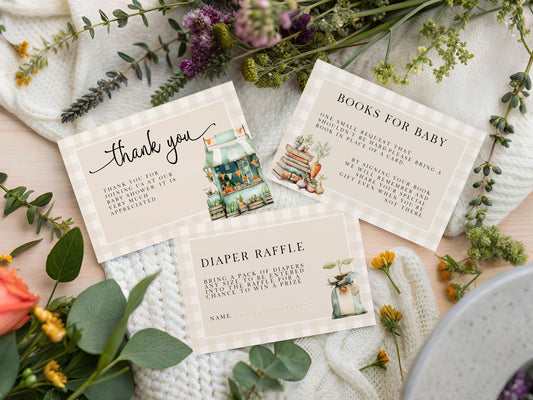 Locally Grown Baby Shower Invitation Bundle, Editable Corjl Template, Diaper Raffle, Book Request Thank You Card, Farmer’s Market Theme LG20