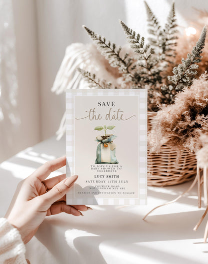 Locally Grown Baby Shower Save The date Invitation, Editable Garden Baby Invite Veggie Baby Theme, Gender Neutral, Printable Template LG20