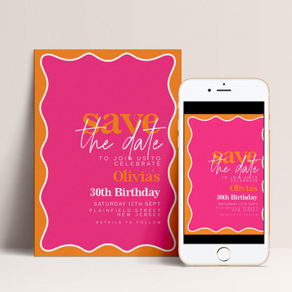 a pink and orange invitation card and a smartphone displaying the same invitation.