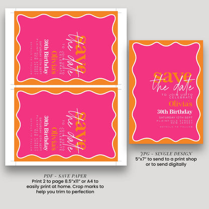 three pink invitation cards with the text "The date to join Usito Oliva 30th Birthday Saturday, September 27th, 2016" printed on them. The cards are in a single design, and the text is printed in a modern and stylish font.