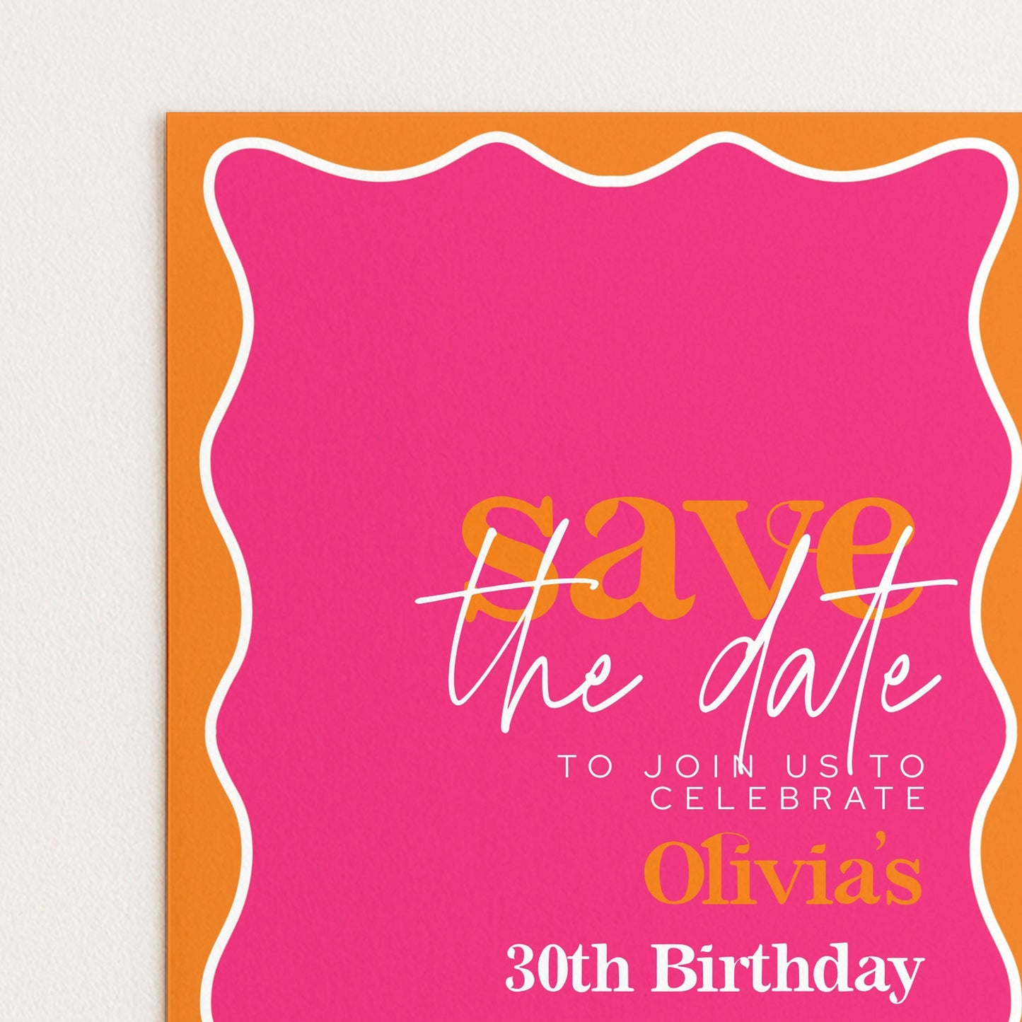 The image is a pink and orange wedding invitation card for a 30th birthday celebration.