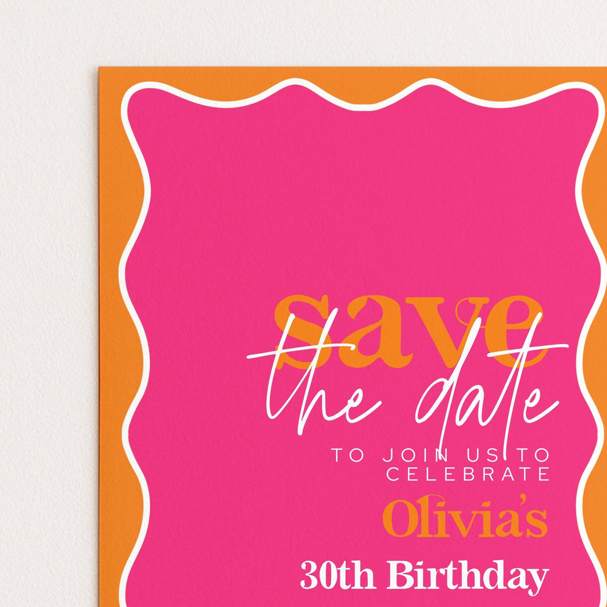The image is a pink and orange wedding invitation card for a 30th birthday celebration.