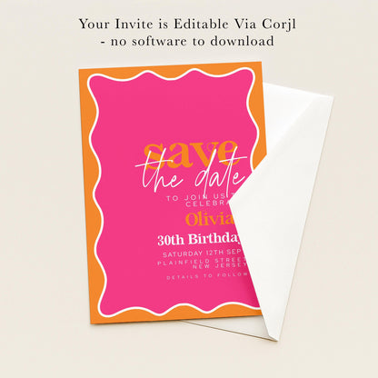The image is a pink and orange invitation card for an event, specifically a 30th birthday celebration.
