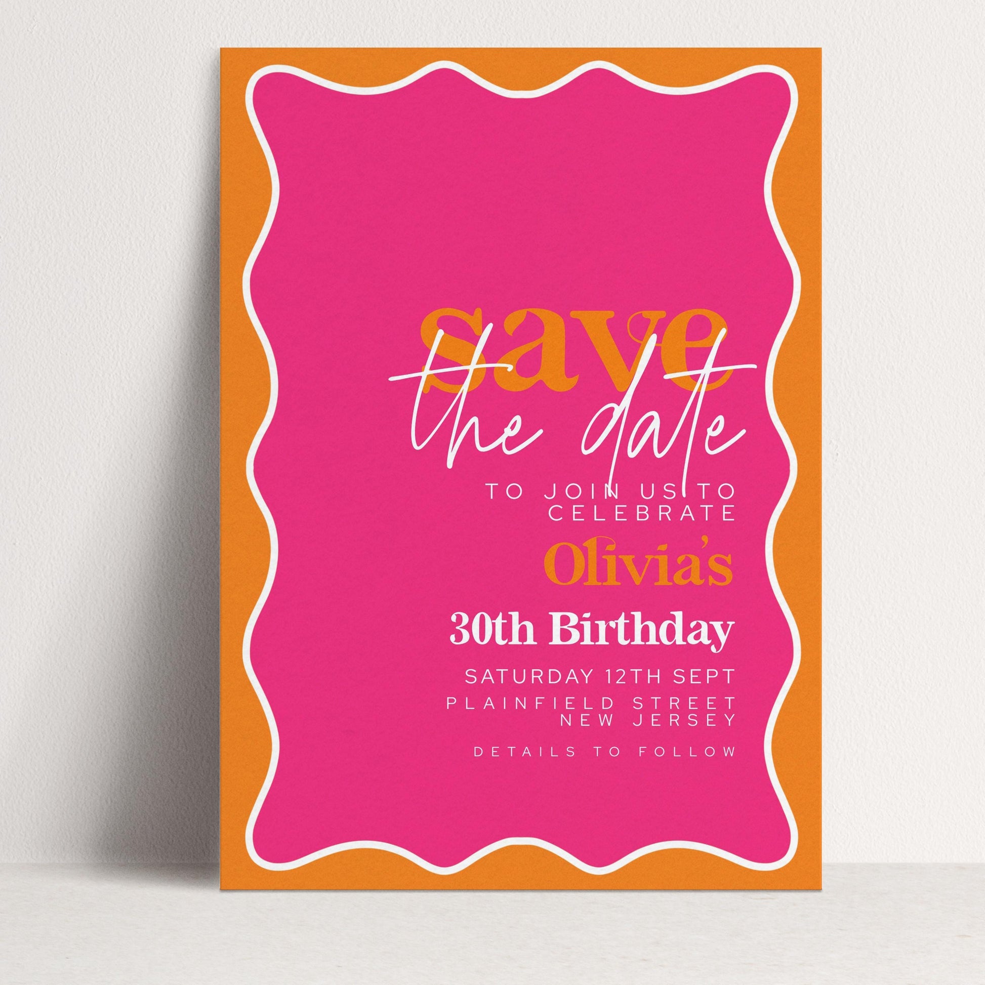The image is a pink and orange wedding invitation for a 30th birthday celebration.