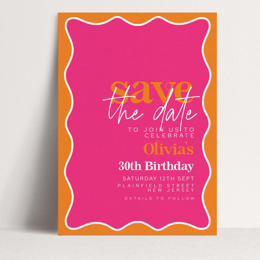 The image is a pink and orange wedding invitation for a 30th birthday celebration.