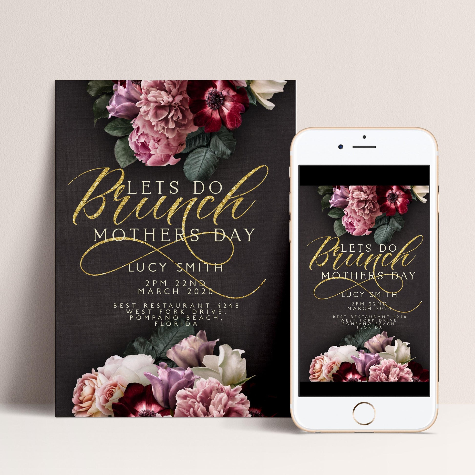 Mothers Day Brunch Invitation Lets Do Brunch Invite Flora and Gold Glitter Instant Download Editable template Corjl Invitation
