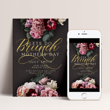 Mothers Day Brunch Invitation Lets Do Brunch Invite Flora and Gold Glitter Instant Download Editable template Corjl Invitation