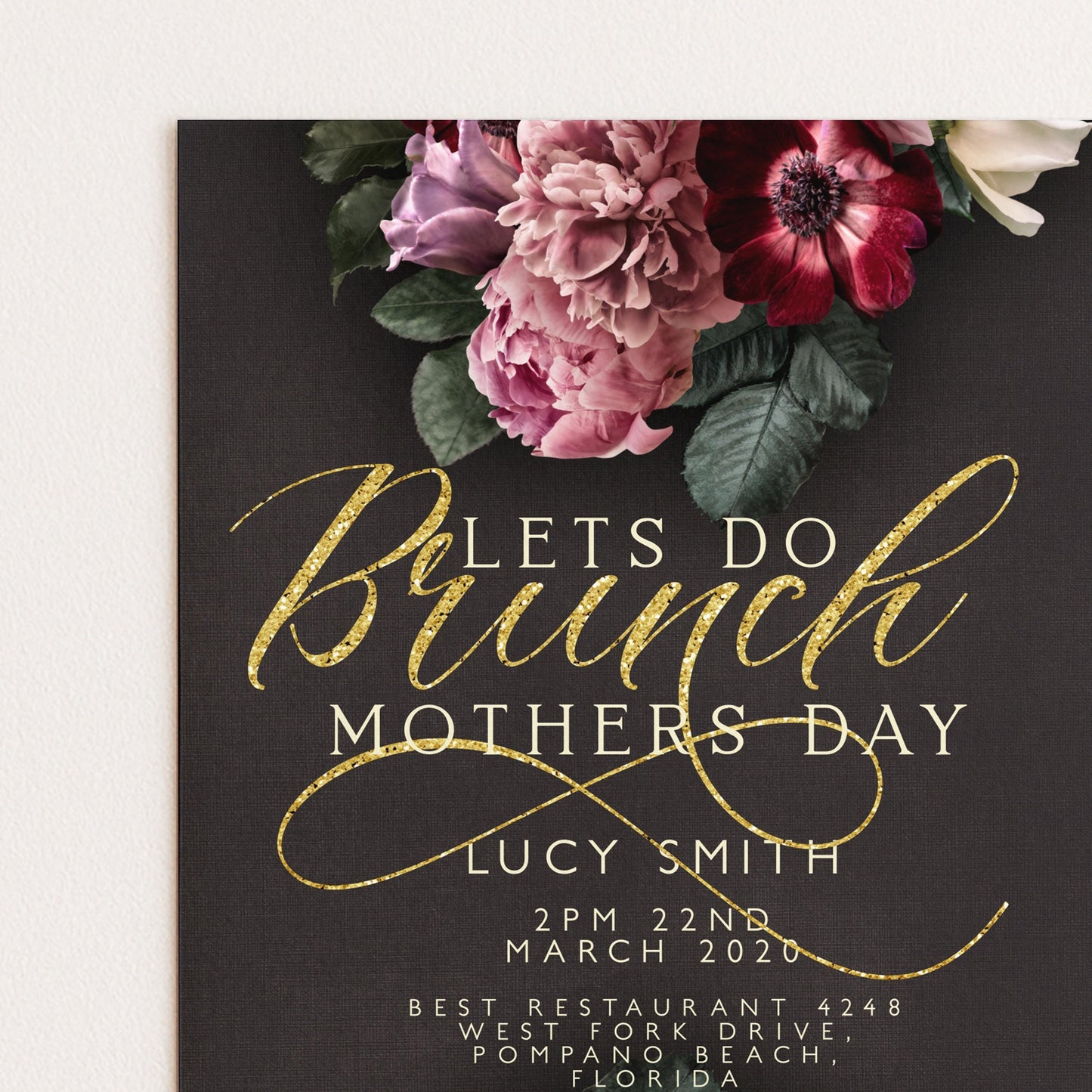 Mothers Day Brunch Invitation Lets Do Brunch Invite Flora and Gold Glitter Instant Download Editable template Corjl Invitation