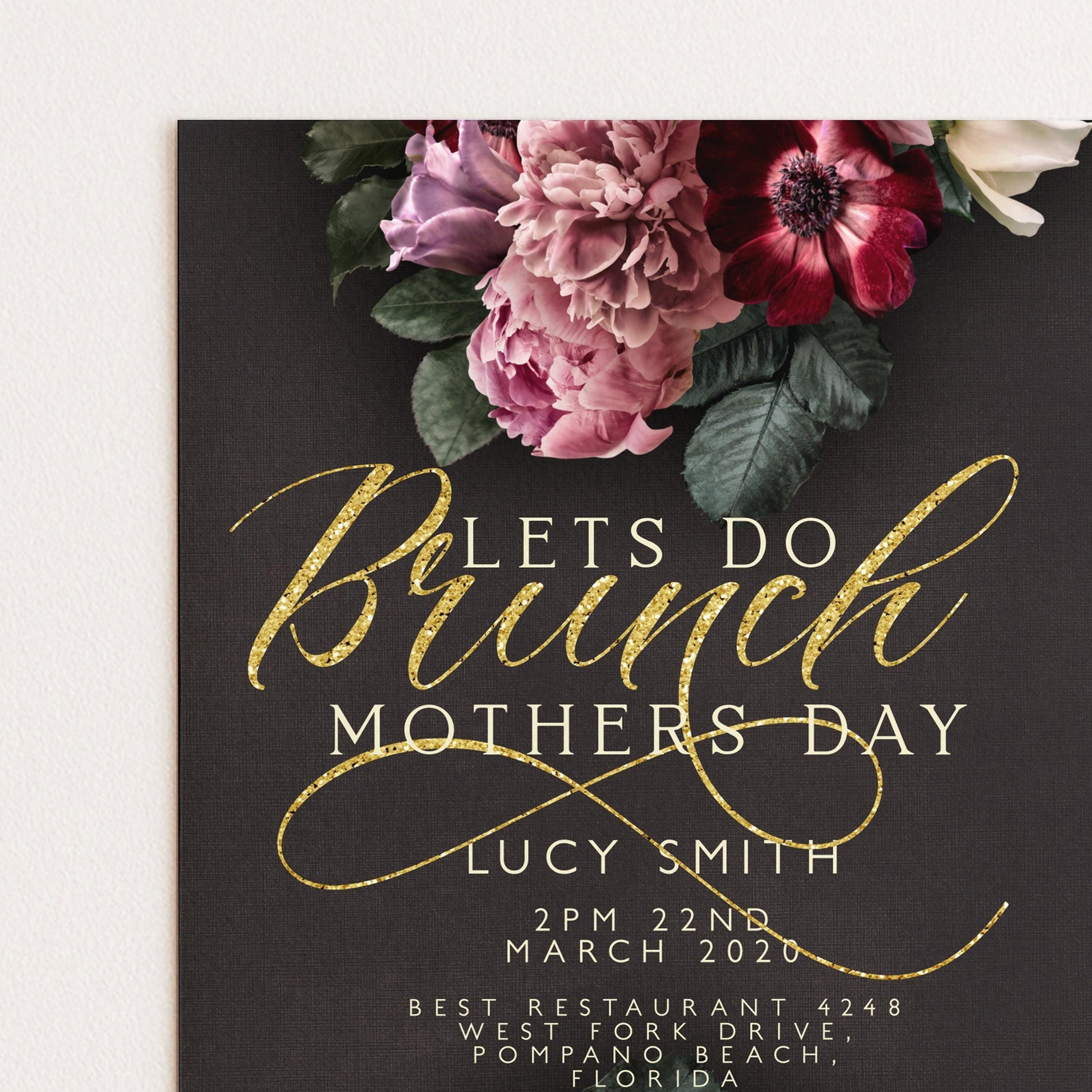 Mothers Day Brunch Invitation Lets Do Brunch Invite Flora and Gold Glitter Instant Download Editable template Corjl Invitation
