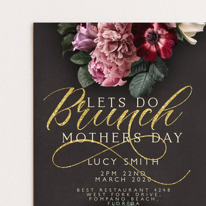 Mothers Day Brunch Invitation Lets Do Brunch Invite Flora and Gold Glitter Instant Download Editable template Corjl Invitation