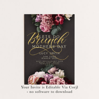 Mothers Day Brunch Invitation Lets Do Brunch Invite Flora and Gold Glitter Instant Download Editable template Corjl Invitation