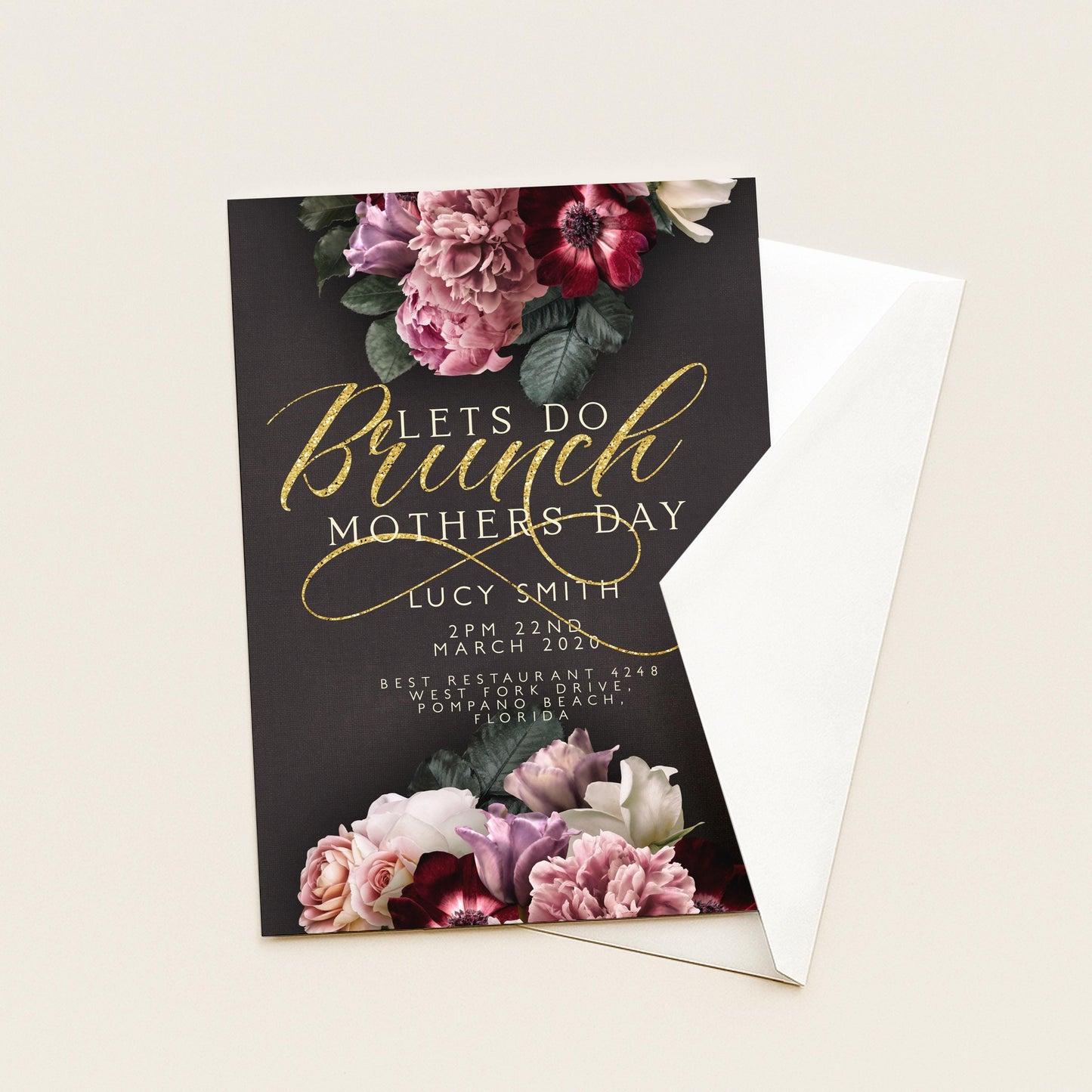 Mothers Day Brunch Invitation Lets Do Brunch Invite Flora and Gold Glitter Instant Download Editable template Corjl Invitation