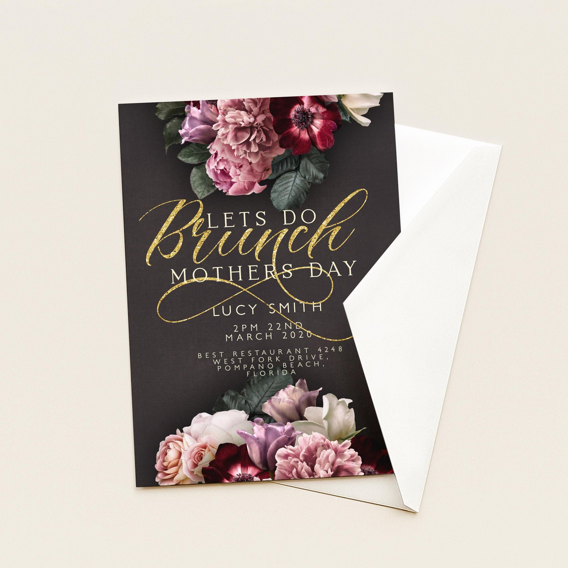 Mothers Day Brunch Invitation Lets Do Brunch Invite Flora and Gold Glitter Instant Download Editable template Corjl Invitation