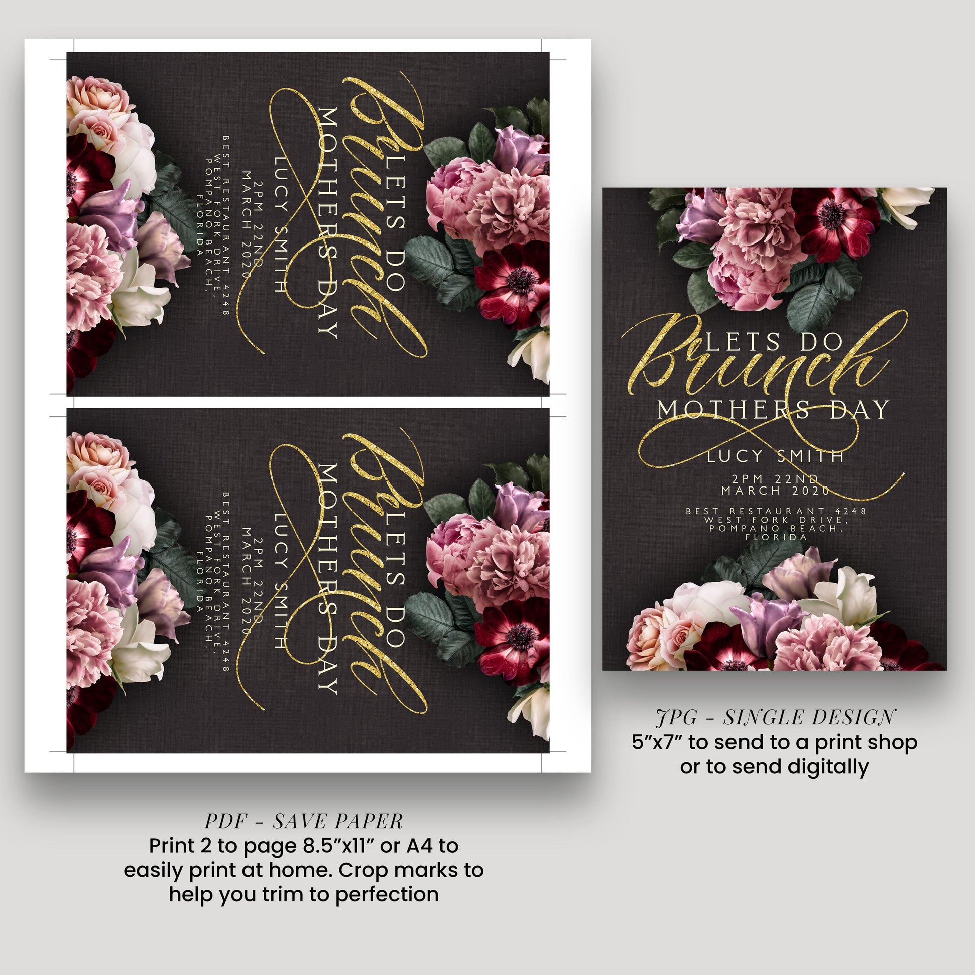 Mothers Day Brunch Invitation Lets Do Brunch Invite Flora and Gold Glitter Instant Download Editable template Corjl Invitation