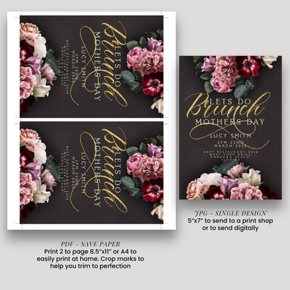 Mothers Day Brunch Invitation Lets Do Brunch Invite Flora and Gold Glitter Instant Download Editable template Corjl Invitation