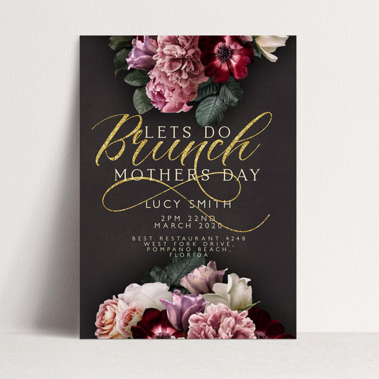 Mothers Day Brunch Invitation Lets Do Brunch Invite Flora and Gold Glitter Instant Download Editable template Corjl Invitation