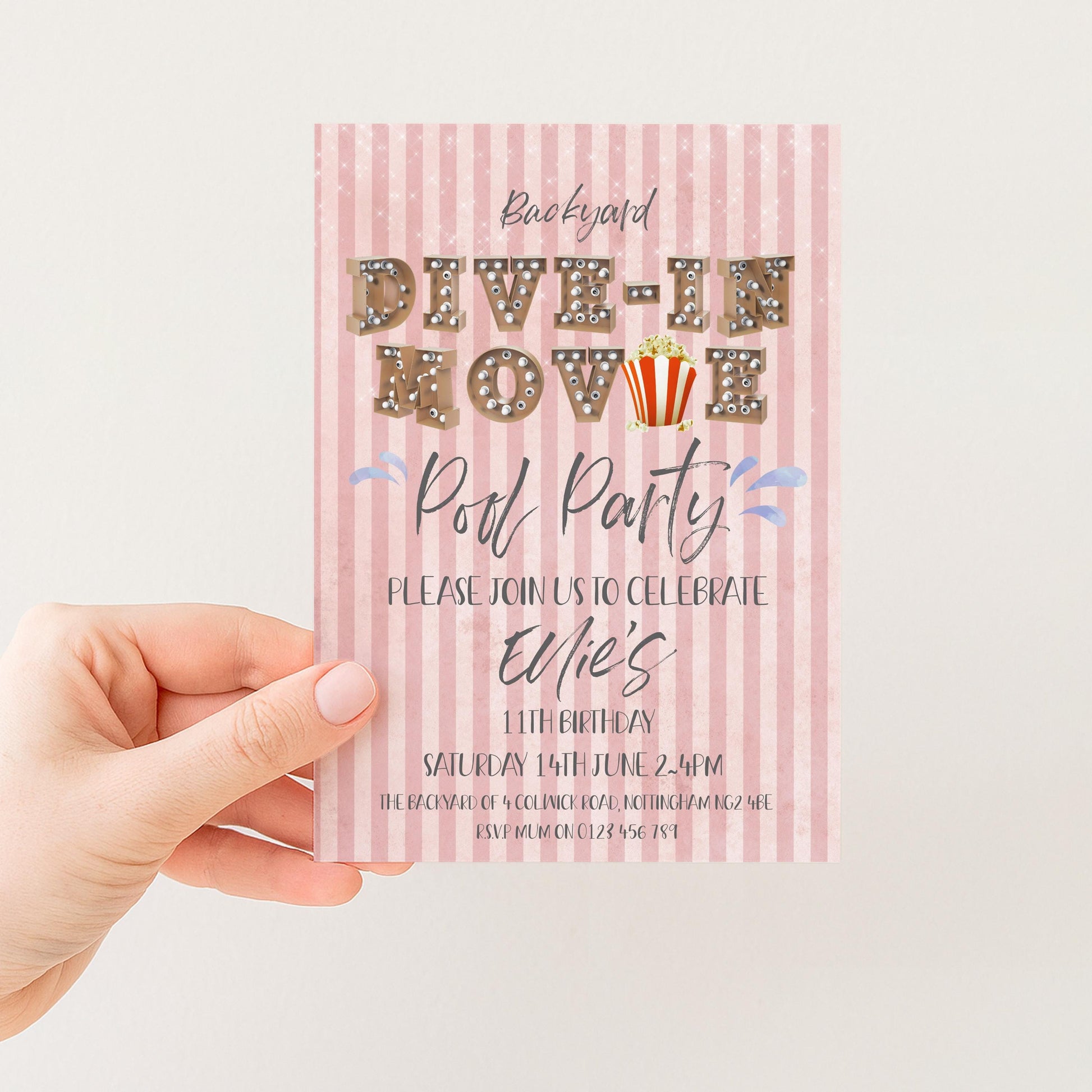 The image is a pink invitation card for a "Dive-in Movie" party.