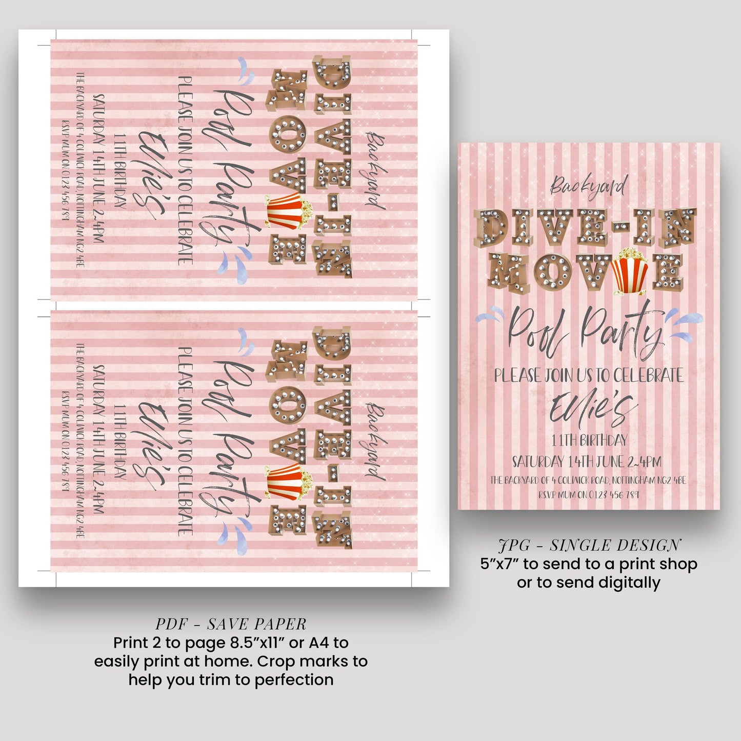 a pink and white design for a "Dive-in Movie" party invitation. The design includes text and decorative elements, such as stripes and popcorn, to create a fun and festive atmosphere.